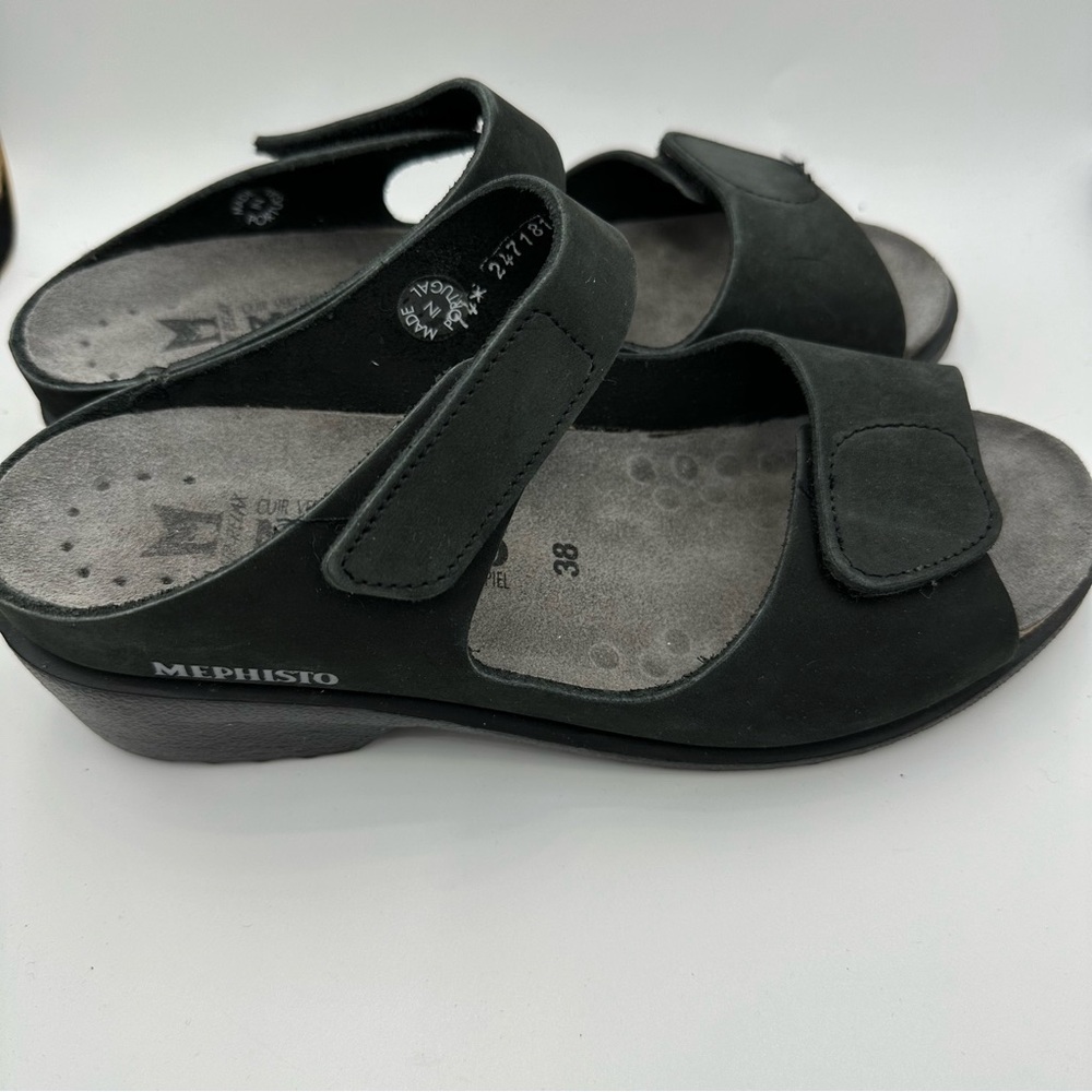 Black Mephisto Air Relax 2-strap Velcro Wedge Slides Black Nubuck Sz 38 (8)